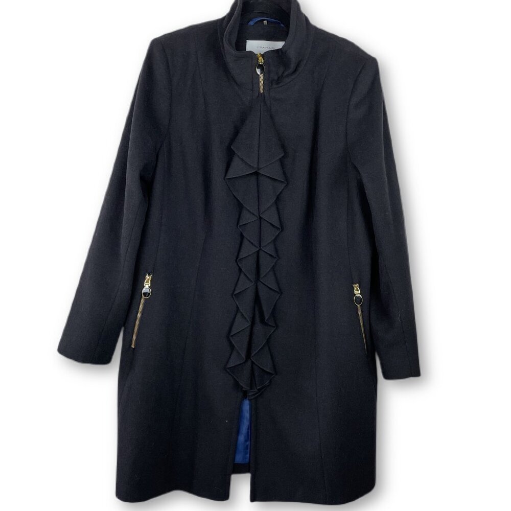 T Tahari Black Ruffle Wool Overcoat